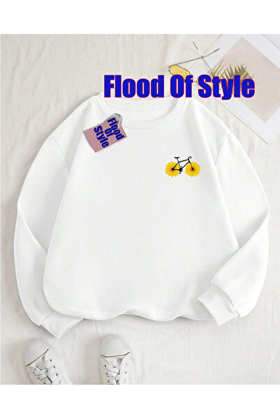 Flood Of Style Bicicletă albă minimalistă cu imprimeu Biskilet Guler Swea tricou
