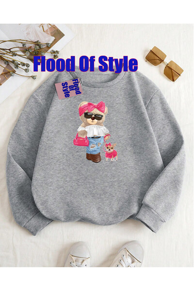 Flood Of Style Gri și Roz Urs Minimalist cu Imprimeu Biskilet Yaka Sweatshirt