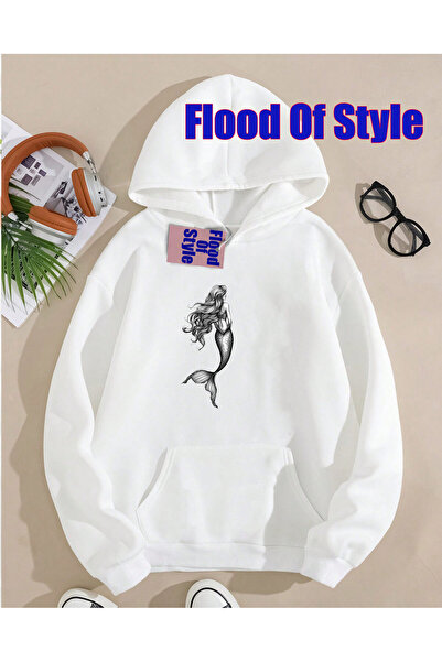 Flood Of Style Γκρι μινιμαλιστικό φούτερ με λαιμόκοψη με τύπωμα Mermaid