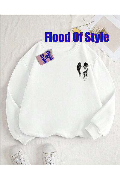 Flood Of Style Λευκό μινιμαλιστικό φούτερ με γιακά μπισκέτα με τύπωμα