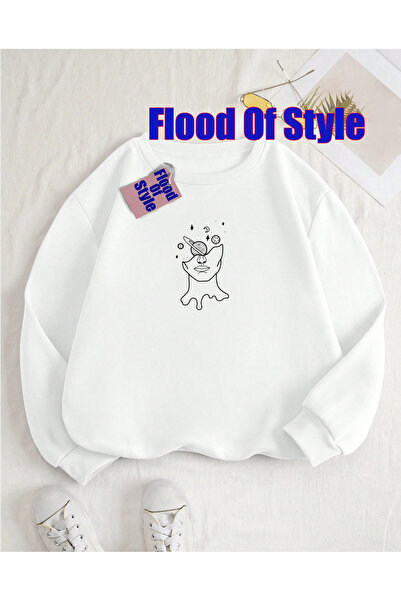 Flood Of Style Desen cu cap alb Minimalist cu imprimeu Biskilet Yaka Swea tricou