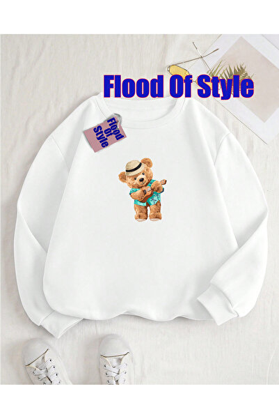 Flood Of Style سويت شيرت أبيض اللون على شكل دمية دب مينيماليست مطبوع بياقة بيسيكلت