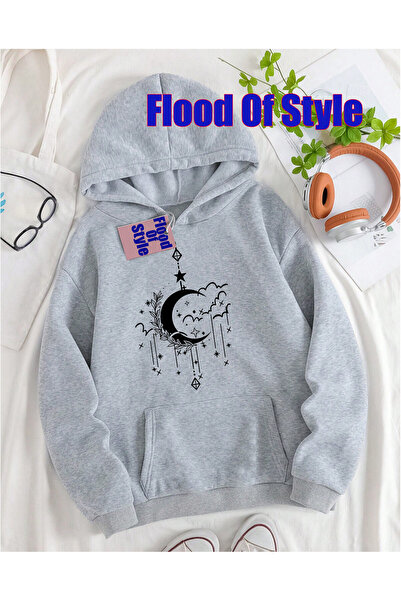 Flood Of Style Φούτερ με λαιμόκοψη γκρι Moon FANCY Minimalist με τύπωμα