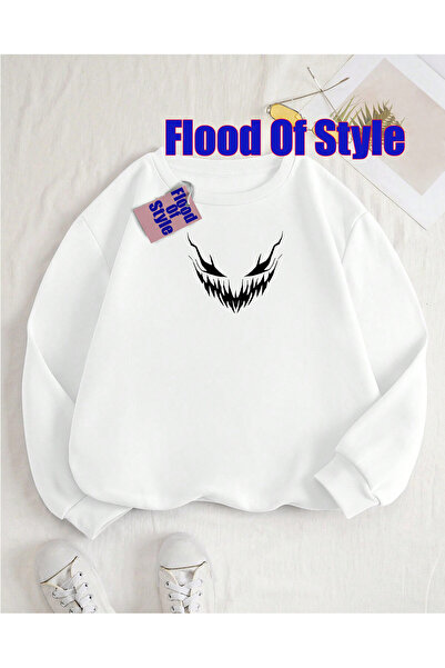 Flood Of Style Black Ghost Face Minimalist cu imprimeu Biskilet Yaka Sweatshirt