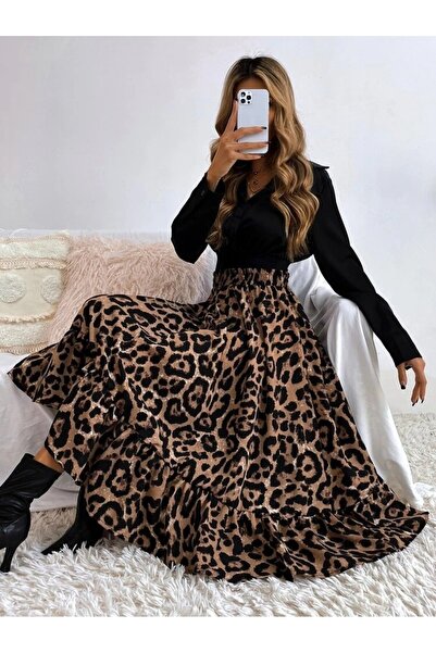 ermege Women's Long Sleeve Double-Breasted Imported Crepe Blouse with Collar and Leopard Print Single Jersey Long Dress