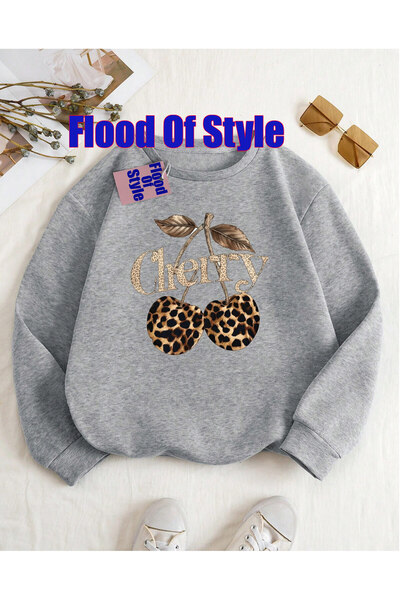 Flood Of Style Γκρι κερασί μινιμαλιστικό φούτερ με λαιμόκοψη με τύπωμα