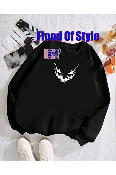 Flood Of Style Μινιμαλιστικό φούτερ με λαιμόκοψη με τύπωμα με λευκό πρόσωπο φ...