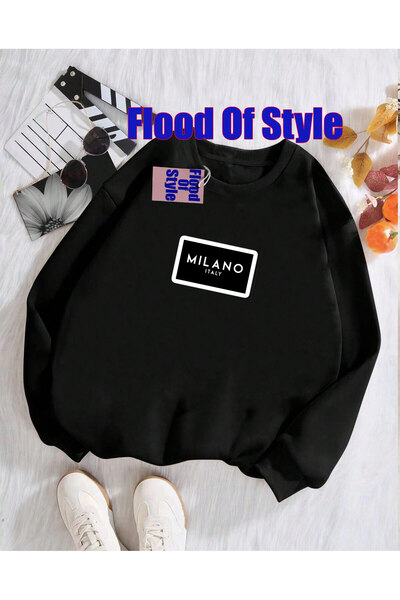 Flood Of Style سويت شيرت ميلانو مينيماليست مطبوع ذو ياقة دائرية باللون الأسود