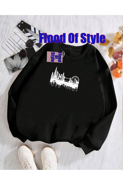 Flood Of Style سويت شيرت باريس مينيماليست مطبوع ذو ياقة دائرية باللون الأسود