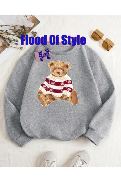 Flood Of Style Pulover gri BEAR Minimalist cu imprimeu Biscuit Neck Swea tricou