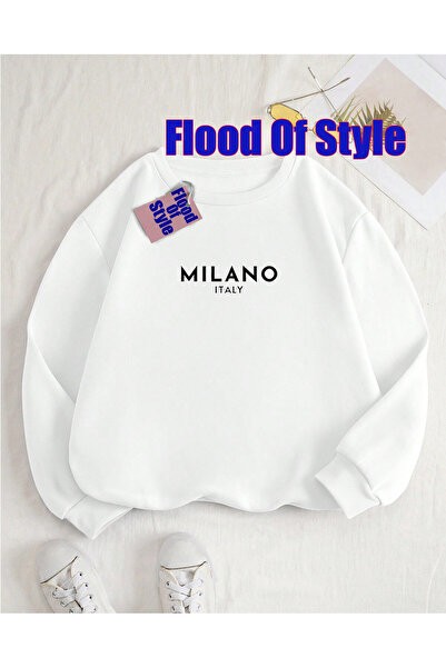 Flood Of Style سويت شيرت أبيض ميلانو مينيماليست مطبوع بياقة دائرية