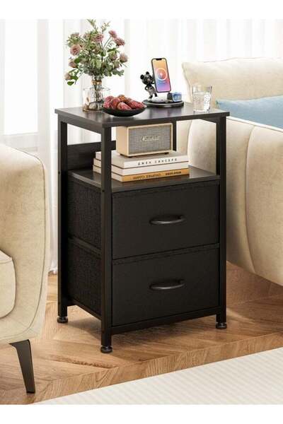 DASEN طاولة جانبية بثلاث طبقات مع درجين من القماش (45 × 30 × 73 سم) - أسود