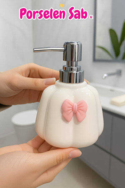 Kezze 300 ml Porselen Sıvı Sabunluk - Estetik Fiyonklu Tasarım-Dayanıklı Pompa
