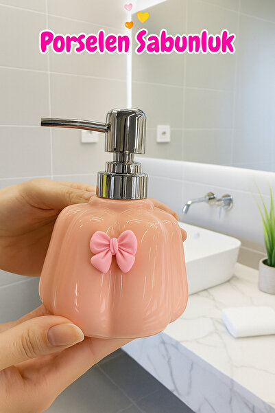 Kezze 300 ml Porselen Sıvı Sabunluk - Estetik Fiyonklu Tasarım-Dayanıklı Pompa