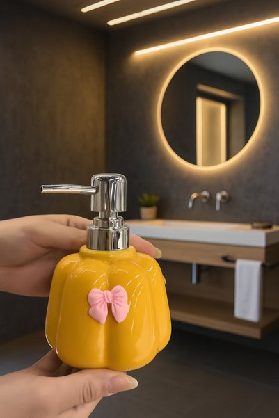 Kezze 300 ml Porselen Sıvı Sabunluk - Estetik Fiyonklu Tasarım-Dayanıklı Pompa