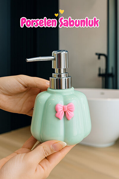 Kezze 300 ml Porselen Sıvı Sabunluk - Estetik Fiyonklu Tasarım-Dayanıklı Pompa