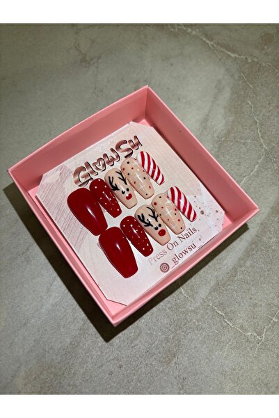 Generic GLOWSU - Kırmızı Noel Geyik Temalı Press On Takma Tırnak Seti