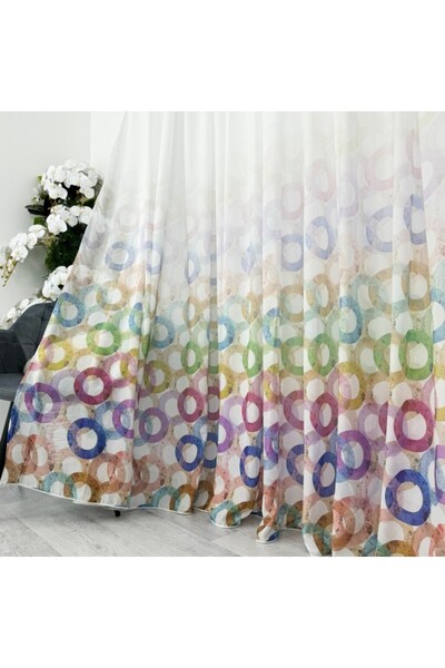 CumparaMisim Perdea din Voal imprimat, Alb cu cercuri colorate, 140cm latime x 260cm inaltime, cu rejansa pt bara