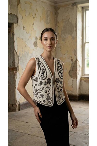 VELZANA Kadın Otantik Çiçek Nakışlı Fitilli Kısa Yelek (Renk Seçenekli)