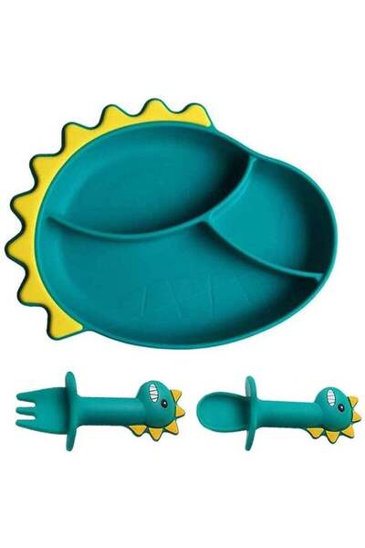 Arabest 3 Pcs Baby Feeding Bowl Spoon Fork Set, Cartoon Dinosaur Silicone Suction Divided Plate