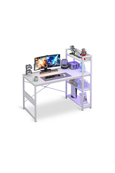 DASEN Office Table with Multi-Tier Bookshelf, Carbon Fiber Desktop (White)