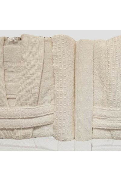Reiashn Famliy Turkish 100% Cotton Lace Robe Set, Off-White, 13 Pieces