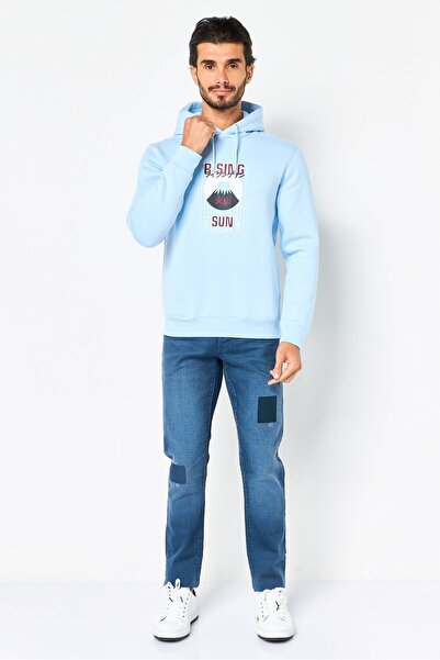 CELIO Men Long Sleeve Graphic Print Hoodie, Light Blue