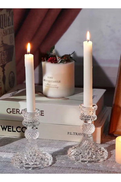 Generic Set of 2 transparent crystal candle holders, suitable for home dining table decoration