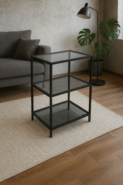 Trendmiz VELMARK Modern Loft Tarz 3 Katlı füme Cam Sehpa – Siyah Metal Gövdel...