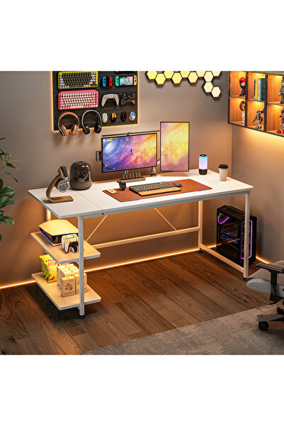 DASEN Study Desk with 3-layer Storage Shelf, Bookshelf, White, 130x55x75 cm