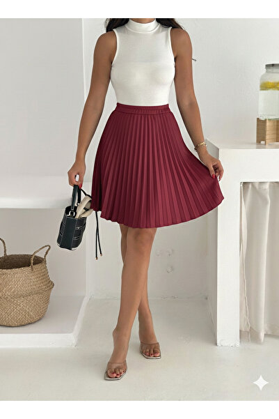 YUSUF CAN KARATAŞ KARATAŞ GİYİM Women's Burgundy Color Pleated Elastic Waist Satin Fabric Mini Skirt Size 45 cm