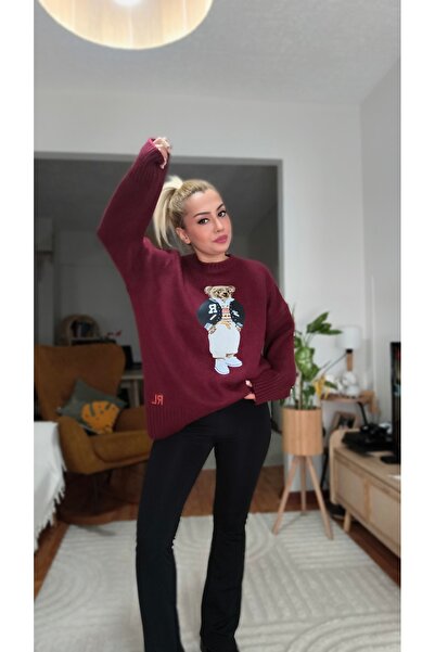 MADAMMERY Equivalent to Ayar Printed Casual Burgundy Sweater