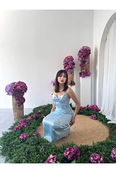 ETİKAFASHION Çiçek Aplike Degaje Yaka Saten Elbise