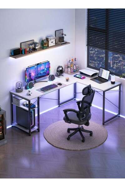 DASEN White L-Shaped Gaming Computer Desk with Corner Stand - Reversible Study Desk