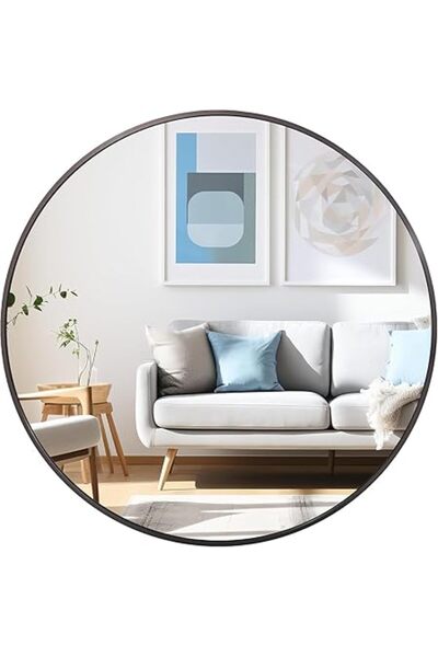 Xess 50cm Black Round Mirror : Glass Wall Mirror Circular with Metal Frame Matte Circle Mirror for Bathr