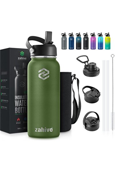 Zahive Stainless Steel Water Bottle 1L - Insulated Double Wall Thermos with 3 Lids & Bag (Army Green