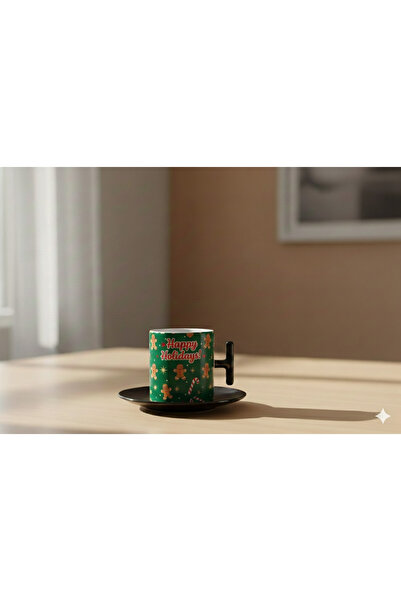 Bade TASARIM YILBAŞI YAZILI PORSELEN SİYAH KULPLU TÜRK KAHVE FİNCANI