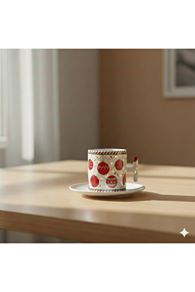 Bade TASARIM YILBAŞI SÜSLEMELİ PORSELEN BEYAZ KULPLU TÜRK KAHVE FİNCANI