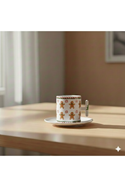 Bade TASARIM YILBAŞI SÜSLEMELİ PORSELEN BEYAZ KULPLU TÜRK KAHVE FİNCANI
