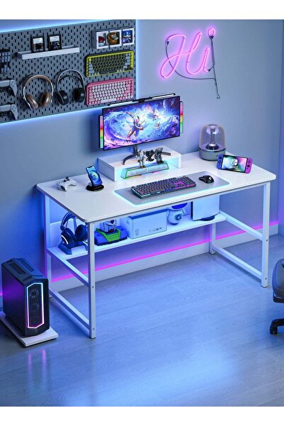 DASEN White Gaming Table Computer Desk with Bookshelf - Study Writing Desk (110x50x72 cm)