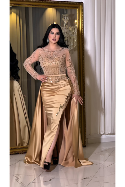 NHMODA Stone Embroidered Tail Satin Evening Dress