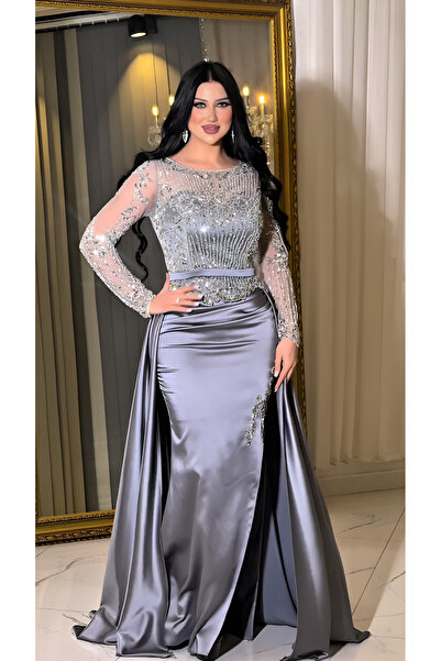 NHMODA Stone Embroidered Tail Satin Evening Dress