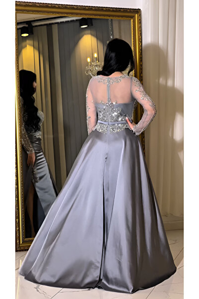 NHMODA Stone Embroidered Tail Satin Evening Dress