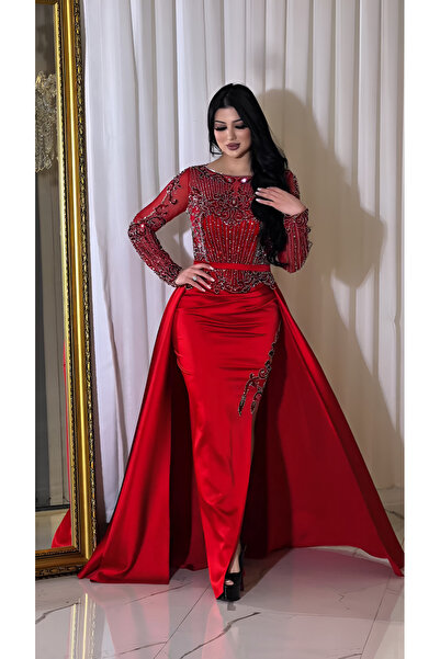 NHMODA Stone Embroidered Tail Satin Evening Dress