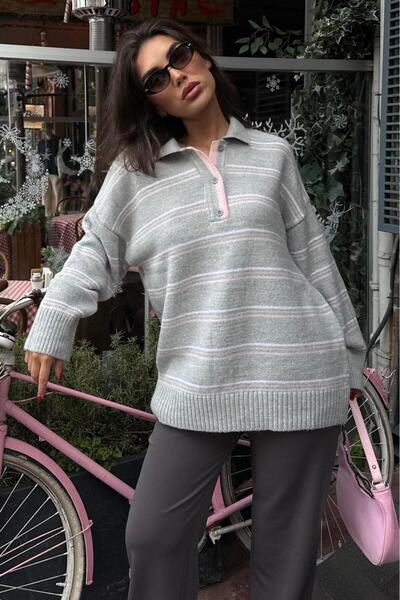 Madmext Gray Striped Buttoned Polo Neck Sweater Mg2357