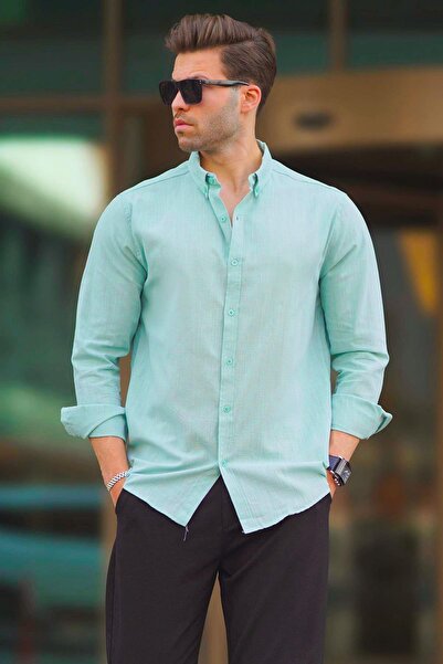 Madmext Green Long Sleeve Cotton Linen Look Men's Shirt 6743