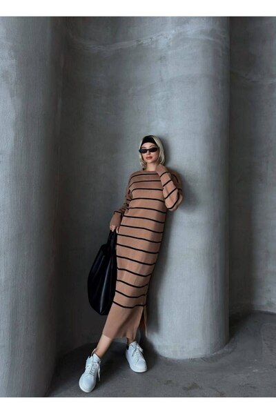 ZF BUTİK Γυναικείο μακρύ ριγέ φόρεμα πλεκτό Premium