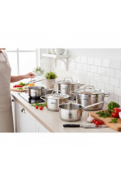 BIN SHIHON CO Alpha (ORIGINAL) Stainless Steel Cookware Set, Corrosion and Fading Resistant (9) Pieces