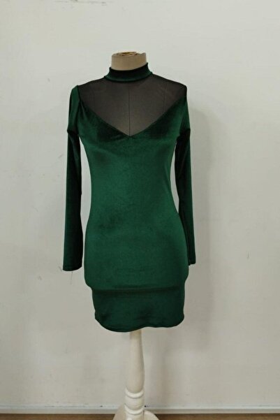 Mossta Turtleneck Tulle Detailed Mini Velvet Dress - Green