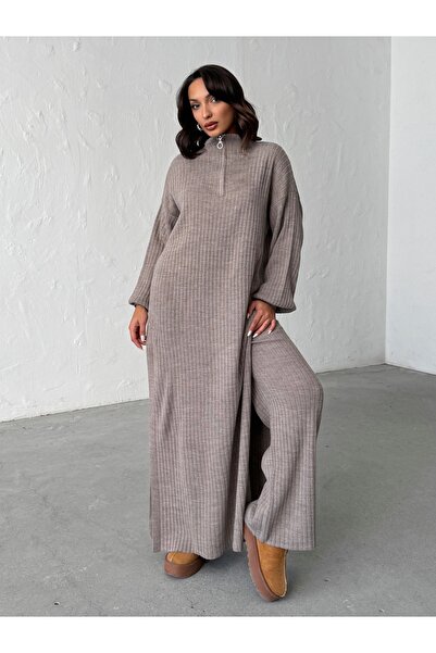 BEJNA Women's Zippered Collar Maxi Dress Pants Two-Piece Knitwear Set